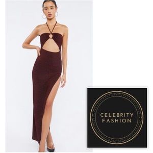 Celebrity Glitter O-Ring Halter Maxi Dress